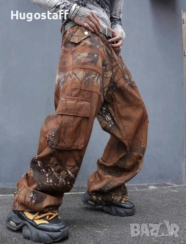 Нови baggy Casual Loose Fit Jeans дънки панталони карго кафяви камуфлажни джобове размер 32 /М