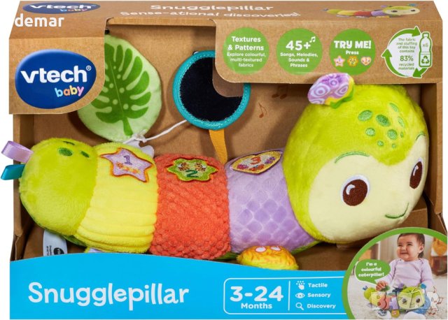 VTech Baby Snuggle Pillow, сензорна образователна музикална бебешка играчка гъсеница със 7 материи , снимка 2 - Образователни игри - 43930988