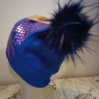 Синя шапка Виолетови пайети, снимка 3 - Шапки - 38657488