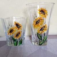 Комплект "Слъчногледи", рисувано стъкло, снимка 1 - Чаши - 35090416