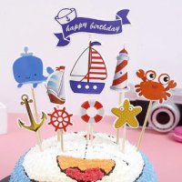 Happy Birthday Морски котва рул кит рак топер клечки за парти рожден ден торта декор, снимка 1 - Други - 26717974