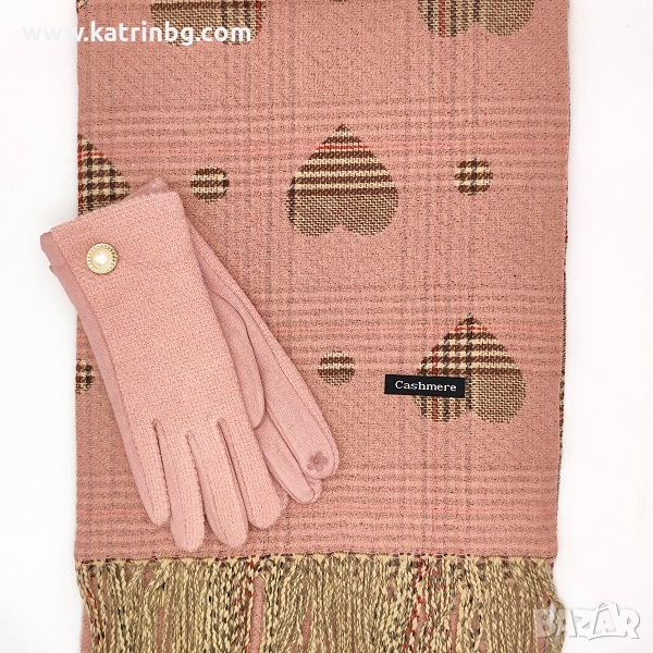 Дамски зимен комплект шал и ръкавици в розово с перлена декорация Код на продукта:DAK-0019, снимка 1