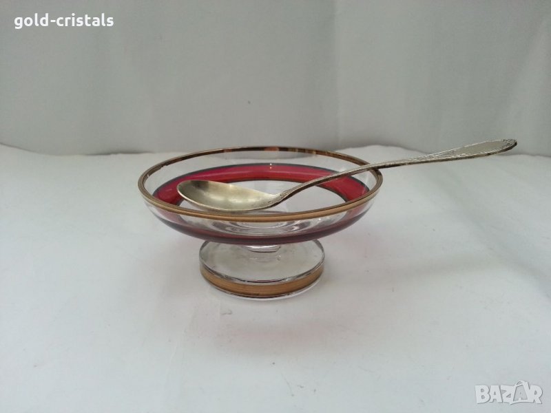 Кристален съд за хайвер с посребрена лъжичка , снимка 1