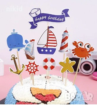 Happy Birthday Морски котва рул кит рак топер клечки за парти рожден ден торта декор, снимка 1