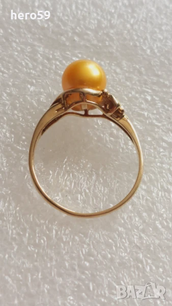 Дамски златен 9к пръстен с инкрустирана жълта(цвят пъпеш) перла-melo pearl, снимка 1