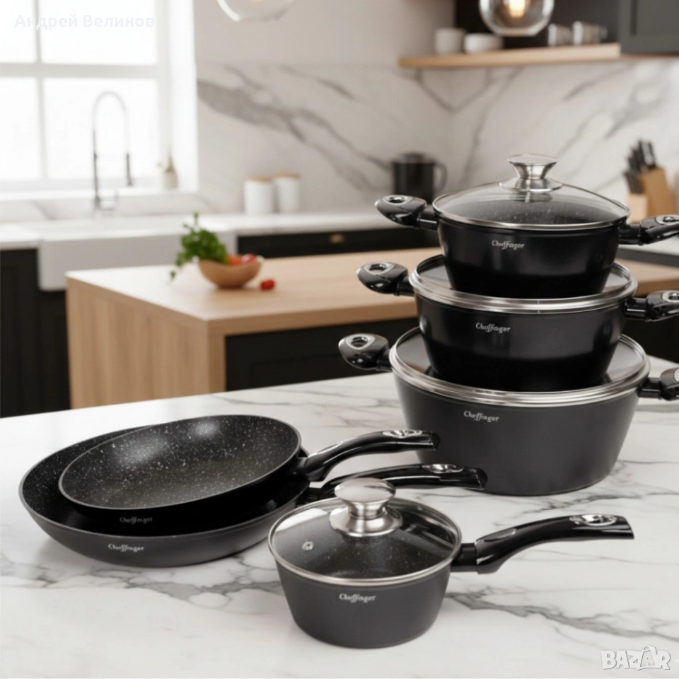 Комплект съдове за готвене Cheffinger от лят алуминий с мраморно покритие – 10 части, снимка 1