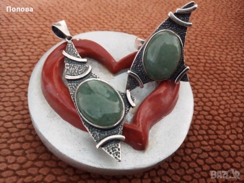 Авторски сребърен масивен комплект с естествен камък , снимка 1