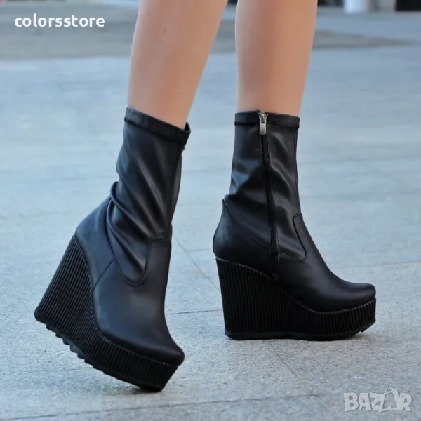Боти на платформа - черна кожа - BNPL70, снимка 1