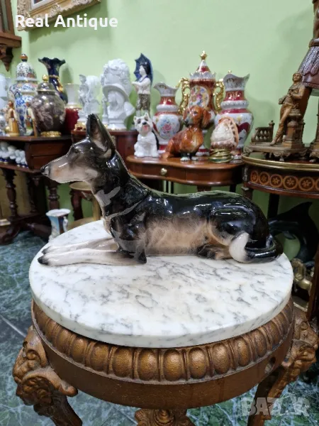 Голяма рядка антикварна колекционерска немска порцеланова фигура статуетка куче , снимка 1