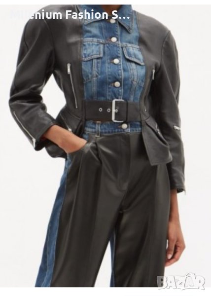 Уникално дамско кожено яке с дънков елемент, снимка 1