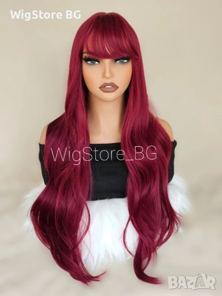 Червена бордо перука с бретон на леки къдрици, снимка 1