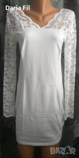 Бяла рокля по тялото с дантелени ръкави, снимка 1