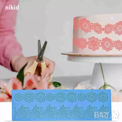 2 реда цветя и листа голяма дантела борд силиконов молд форма за украса торта с фондан гъмпейст, снимка 3 - Форми - 27594342