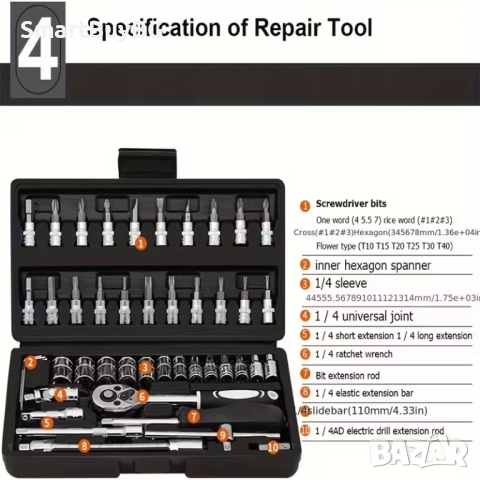 ПРОФЕСИОНАЛЕН КОМПЛЕКТ ИНСТРУМЕНТИ 46 ЧАСТИ – ЗА РЕМОНТ НА АВТОМОБИЛИ И МОТОЦИКЛЕТИ И ДРУГИ , снимка 5 - Други инструменти - 52336166