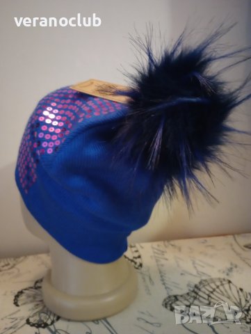 Синя шапка Виолетови пайети, снимка 3 - Шапки - 38657488