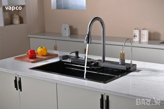  Черен мрамор - Мултифункционална кухненска мивка с двоен водопад , снимка 11 - Мивки - 52128188