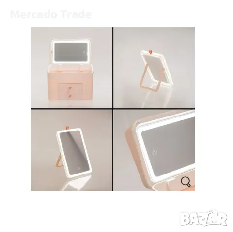 Кутия за грим с огледало Mercado Trade, С LED светлини, Розов, снимка 5 - Органайзери - 48683568