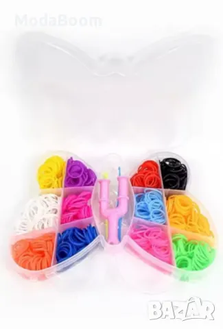 Комплект ластички за плетене на гривни - В кутия с формата на пеперуда 600 броя, снимка 6 - Гривни - 48370251