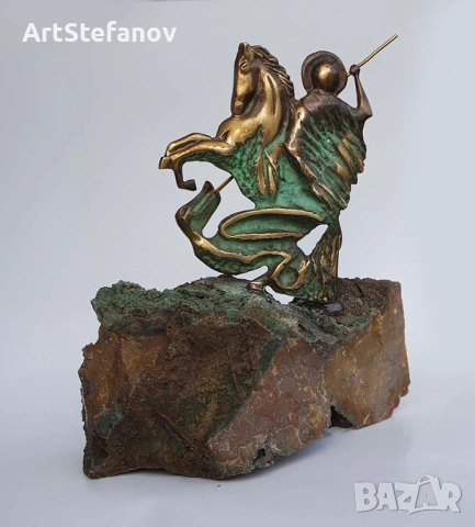 Свети Георги, скулптура, бронз върху основа яспис , снимка 2 - Антикварни и старинни предмети - 53338125
