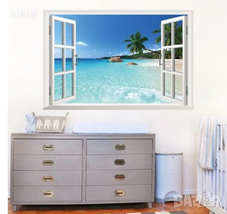 Плаж през прозорец стикер лепенка за стена самозалепващ, снимка 1 - Други - 26428708