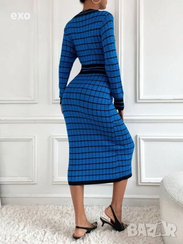 Елегантна рокля, Ефектна рокля каре, Синя рокля каре, Жълта рокля каре, снимка 5 - Рокли - 43231747