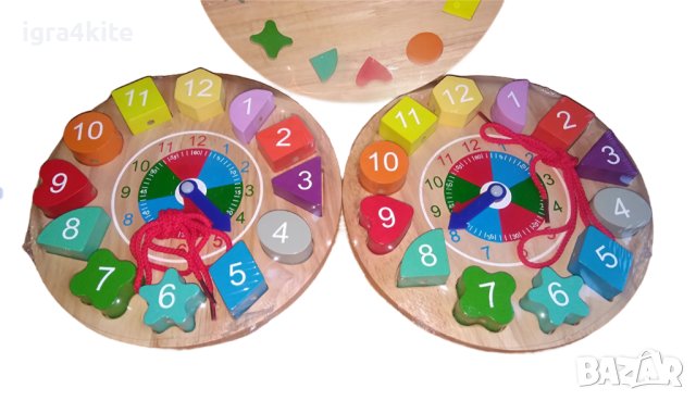 Масивен дървен детски часовник с фигури и връв / Монтесори дървени играчки, снимка 2 - Образователни игри - 38808227