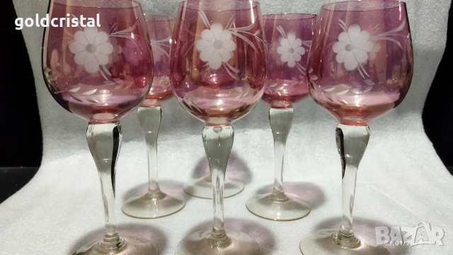 кристални чаши цветен кристал гравиран, снимка 6 - Антикварни и старинни предмети - 20061877