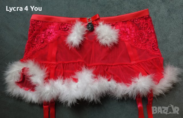 S/M нова червена еротична пола с бял пух и вградени жартиери за чорапи, снимка 3 - Бельо - 38871104
