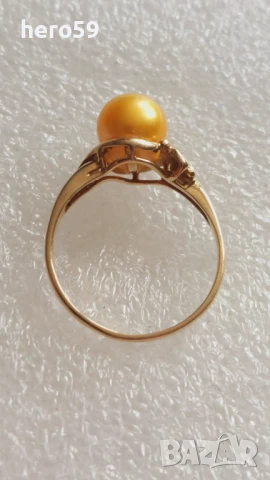 Дамски златен 9к пръстен с инкрустирана жълта(цвят пъпеш) перла-melo pearl, снимка 1