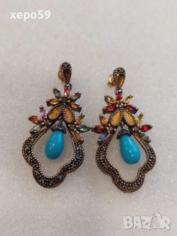 Дамски обеци с диаманти, рубини, сапфири, цитрини,тюркуази-сребро и злато, снимка 2 - Обеци - 53357467