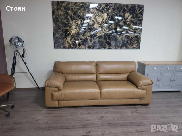 Светло кафяв кожен диван тройка, снимка 6 - Дивани и мека мебел - 43285723