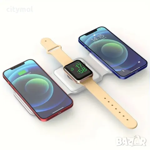 Безжично зарядно устройство, сгъваемо устройство 3 в 1, магнитна станция за зареждане, снимка 5 - Безжични зарядни - 48110305