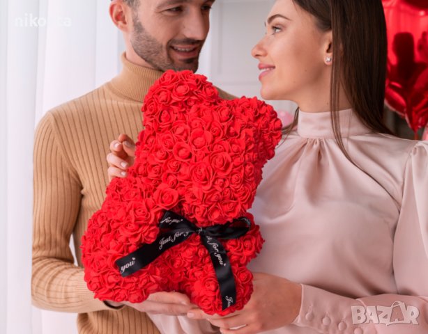 Мече от рози, червено 25 см - уникален подарък за любим човек, снимка 4 - Романтични подаръци - 44009928