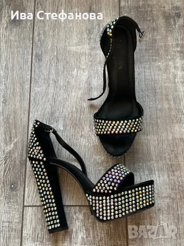 Елегантни официални парти  сандали висок дебел ток на платформа блестящи  камъни диаманти цирконий , снимка 3 - Сандали - 49922293
