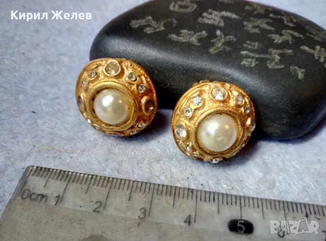 ЧИФТ СТАРИ ВИНТИДЖ АРТ ПОЗЛАТЕНИ ПЕРЛЕНИ МЕДНИ КЛИПС ОБЕЦИ с БЛЕСТЯЩИ КРИСТАЛИ 17593, снимка 7 - Антикварни и старинни предмети - 48818878
