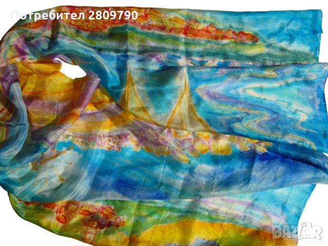 Копринен шал с градски мотиви на Мелницата в Несебър / Silk Scarf with urban motifs of the Mill in N, снимка 7 - Шалове - 34755535