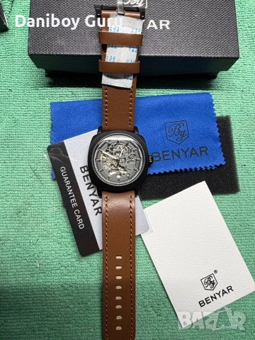 Мъжки часовник BENYAR, автоматичен механичен ръчен часовник, кафява кожена каишка, спортен механизъм, снимка 10 - Водоустойчиви - 53515415