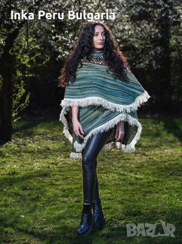 Автентичнo еквадорско унисекс отворено пончо, 100% вълна, синьо-зелено, снимка 2 - Блузи с дълъг ръкав и пуловери - 40189872