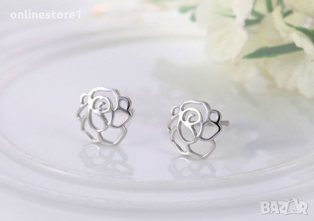 Сребърни Обеци Божур - 925 печат сребро BA236, снимка 4 - Обеци - 28148013