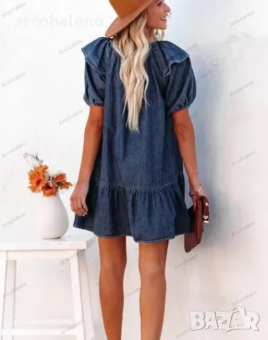 Дамска дънкова свободна ежедневна къса рокля с волани, снимка 3 - Рокли - 44313866