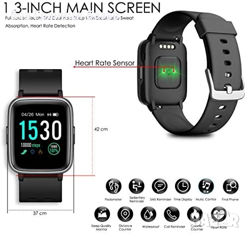 Нов водоустойчив смарт часовник 1.3'' дисплей, Bluetooth тракер, мониторинг на пулс и калории, снимка 2 - Смарт гривни - 52774010