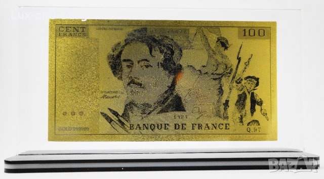 Златна банкнота 100 Френски франка в прозрачна стойка - Реплика, снимка 1 - Нумизматика и бонистика - 27080379
