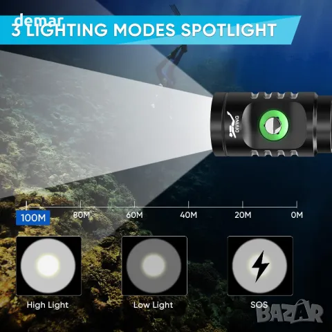 Фенер за гмуркане WindFire, фенер за гмуркане, IPX8, 3000 лумена с 3 режима и индикатор, снимка 3 - Водни спортове - 47801091