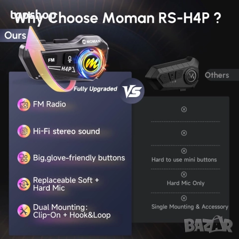 Чисто нова слушалка за мотоциклетна каска, Moman RS-H4P слушалки за мотоциклет с Hi-Fi високо..., снимка 4 - Bluetooth слушалки - 52034656