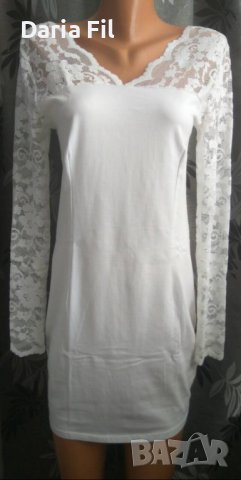 Бяла рокля по тялото с дантелени ръкави, снимка 1