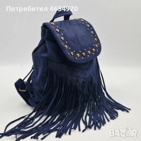 Велурена дамска раница с ресни и метални нитове – бохо стил и практичност, снимка 4 - Чанти - 52467042