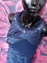 Тъмно синя феерична етажирана лъскава рокля с декорация мъниста М, снимка 3
