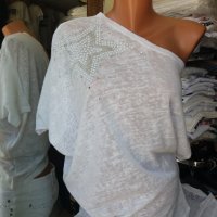-20% Асиметрична бяла блуза с апликация звезда от бели перли и сребристи камъчета , снимка 2 - Тениски - 37432573