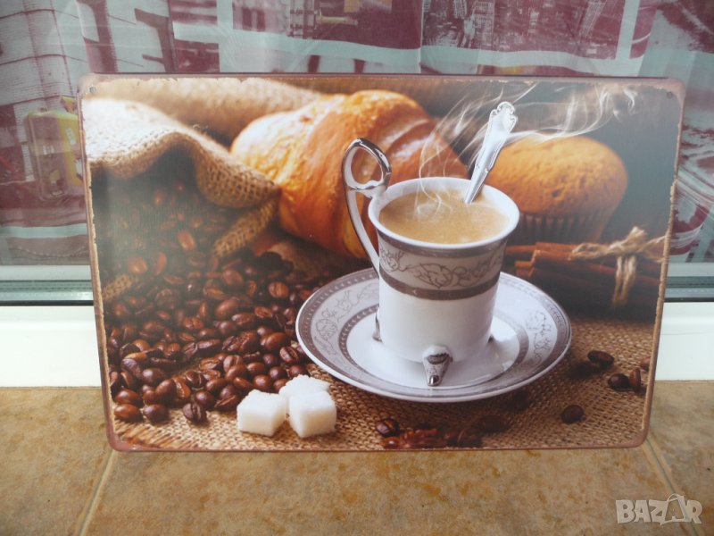 Метална табела кафе бучки захар кроасан кексче мъфин среща порцелан, снимка 1