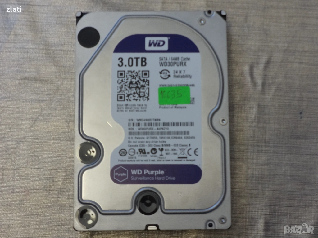 hdd hard disk hard drive хард диск WD Purple 3TB sata на малко часове работа, снимка 1